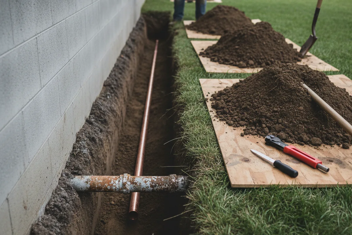 Excavated water line trench during Sewer Line Repair in Agency